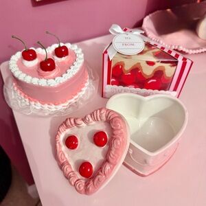 Coquette Cherry Heart Shaped Ceramic Trinket Box, Jewelry Box, & Cherry Socks